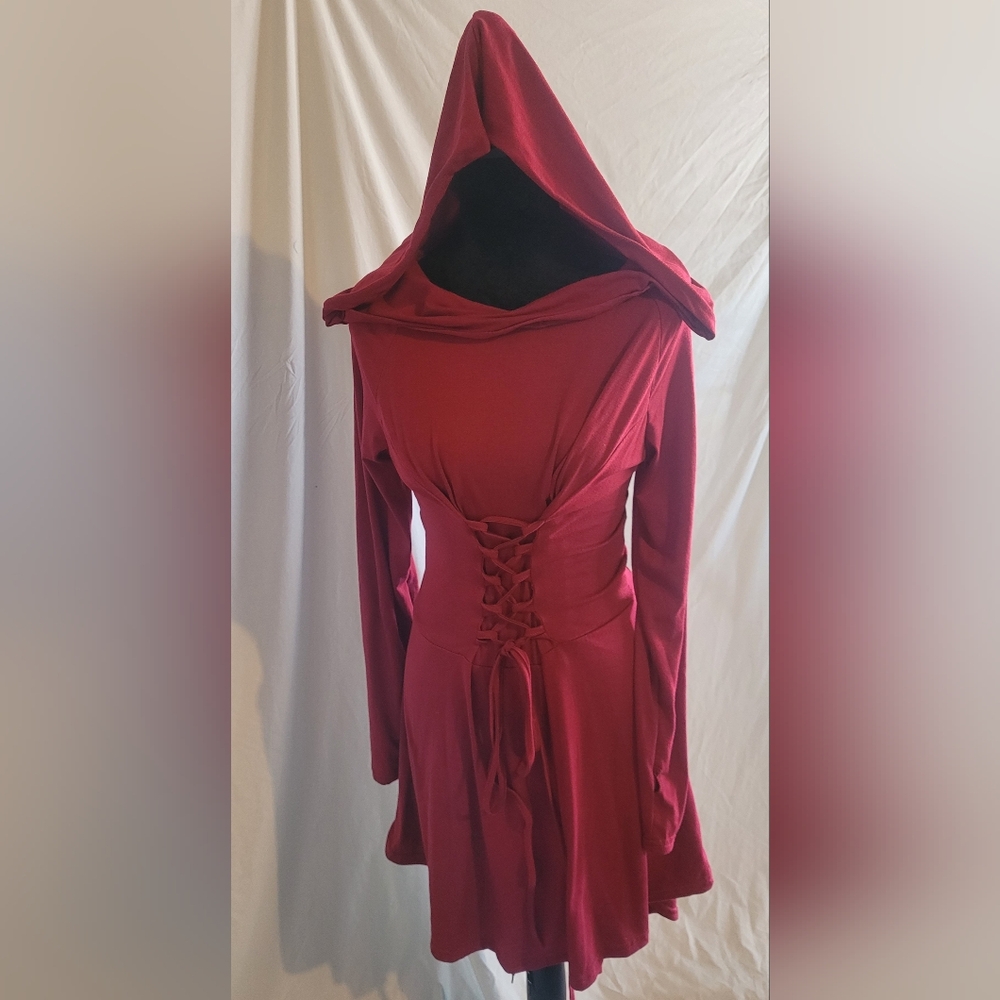 Dark Red Hooded Dress With Lace Up Front And Back, Medium